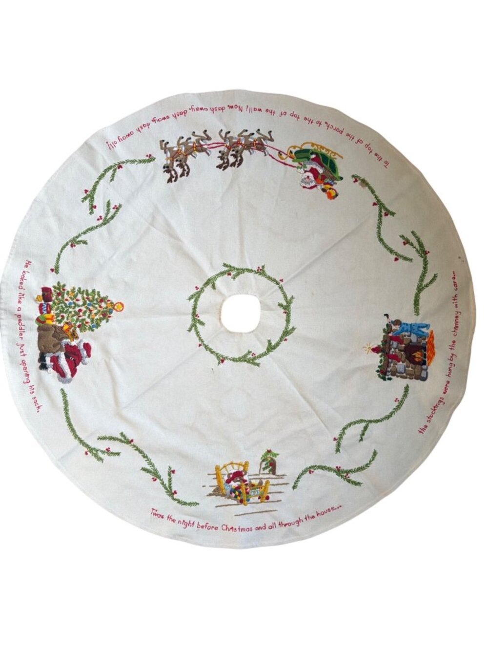 Vintage Embroidered Twas The Night Before Christmas Tree Skirt Handmade 38"